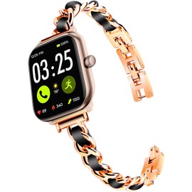 LYSANDRA 22mm watch bands, Slim Gold Bands Women Feminine Elegant Compatible with Spade Co Health Smartwatch 4, Adjustable Metal Chain Bracelet Strap with Leather (Rosegold)