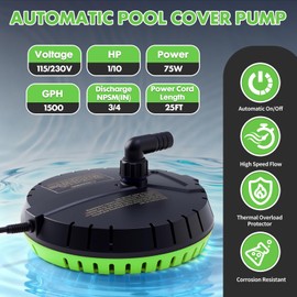 Aarcinhke Automatic Pool Cover Pump, 1500GPH Submersible Sump Pump, Green