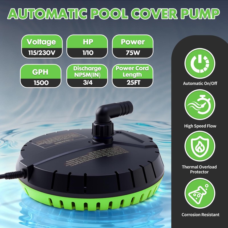 Aarcinhke Automatic Pool Cover Pump, 1500GPH Submersible Sump Pump, Green