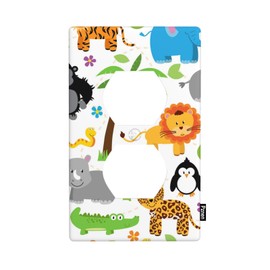 Pznen Cartoon Jungle Safari Animals Outlet Covers Colorful Elephant Giraffe Lion Woodland Wildlife Wall Plate 1-Gang Duplex Receptacle Plug Cover 4.5" X 2.76" for Boys Girls Room