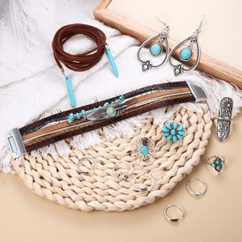 Sanfenly Bohemian Turquoise Jewelry Pendant Suede Long Choker Necklace Vintage Turquoise Statement Dangle Earrings Boho Leather Cuff Bracelet with Stackable Knuckle Rings Set for Women, Metal, Cubic