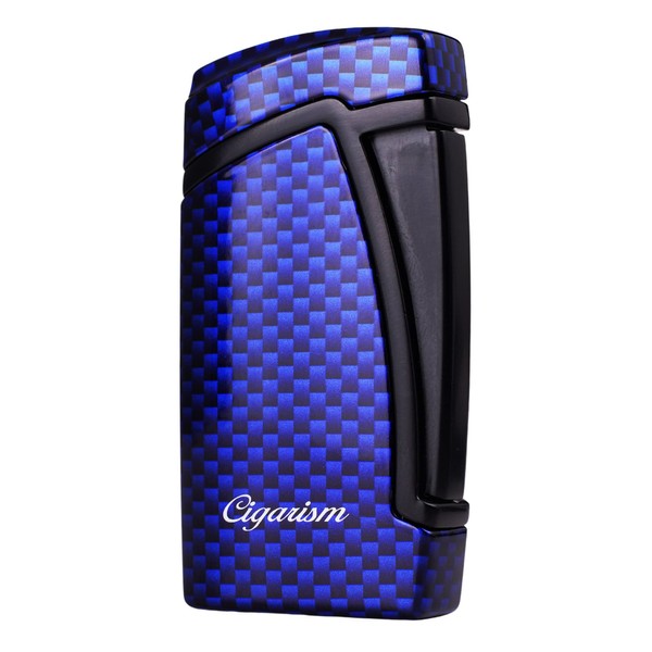 CIGARISM - Encendedor de cigarros estilo fibra de carbono, doble antorcha Jet Flame W/sacador de cigarros (azul)