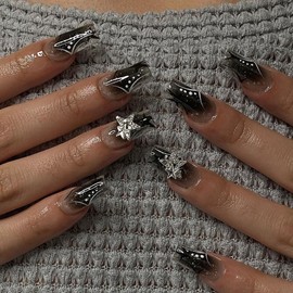 Square Press on Nails Medium Fake Nails Black Ombre False Nails Glitter Stick on Nails 3D Stars Glue on Nails Cute Sparkly Artificial Nails for Wmoen 24PCS