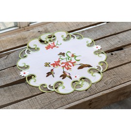 Linens, Art and Things Decorative Hummingbird Table Doily, White with Green Border, Embroidered Floral Design (15 Inch Round)