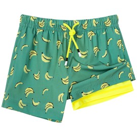 SURF CUZ Boys Swim Trunks with Boxer Brief Liner Toddler Boy Stretch Swimsuit Shorts Quick Dry Swimming Trunks Bathing Suit 2 in 1 Beach Shorts Banana Green 5/6