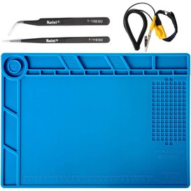 Kaisiking Silicone Soldering Mat Magnetic Soldering Mat Silicone Repair Mat with 2 ESD Tweezers and Anti-Static Wrist Strap for Soldering, Electronics Repair, 13.8 x 9.8 inch