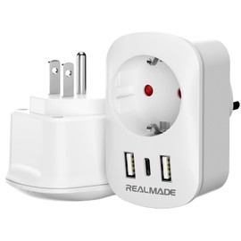 RealMade 2 Pack Travel Adapter USA Adapter, America Germany Plug with 2USB 1USB C, Travel Adapter Thailand, International Adapter for Canada, Dominican Republic, Mexico, Australia