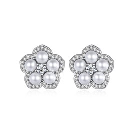 ankbrats Pearl Earrings Stud 925 Silver Women, Freshwater Pearls Plum Blossom Stud Earrings with Cubic Zircon, Hypoallergenic Earrings for Women Girls Christmas, Sterling Silver