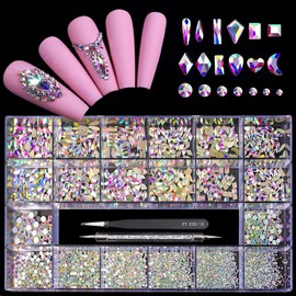 Yzzseven 12 Types of 600 Crystal AB Diamonds + 2500 Flat Rhinestones Mix 20 Styles Flatback DIY Crafts Rhinestone Crystals 3D Ornament‌s Flat Back Stones Set + Tweezers + Drill Pen