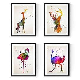 Nacnic Set of 4 Flamingo Ostrich Deer Giraffe Watercolor Animal Pictures A4 Home Decor Paper 250 Gram …
