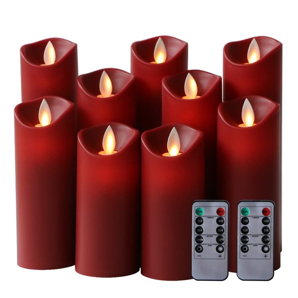 Kitch Aroma Red flameless Candles, Red Candles Battery Operated LED Pillar Candles with Moving Flame Wick with Remote Timer,Pack of 9