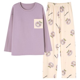 GOSO Girls Cotton Pyjamas Set, Stylish Loungewear Set, T-Shirt Pants, Nightwear for Winter/Autumn, Breathable, Cute, Stylish Sleepwear Set for Teen Girls, P3 Purple