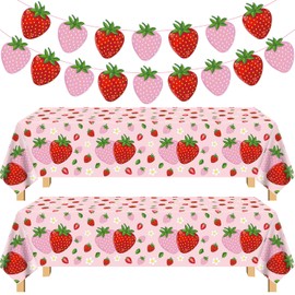 TJYJOY 4 Pack Berry First Birthday Decor Fruit Tablecloth Berry Sweet One Disposable Table Cloth Strawberry Banner for Girls Strawberry Themed Party Baby Shower Fruit Party Hanging Supplies