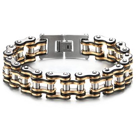 COOLSTEELANDBEYOND Heavy and Study Mens Motorcycle Chain Fancy Bike Chain Bracelet Steel Silver Gold Black Tri-Tone