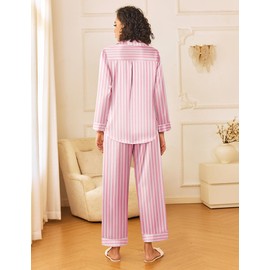 Ekouaer Womens Silk Satin Pajama Sets 2 Piece Sleepwear Pjs Set Long Sleeve Button Down Top and Pants Stripe Loungewear,L
