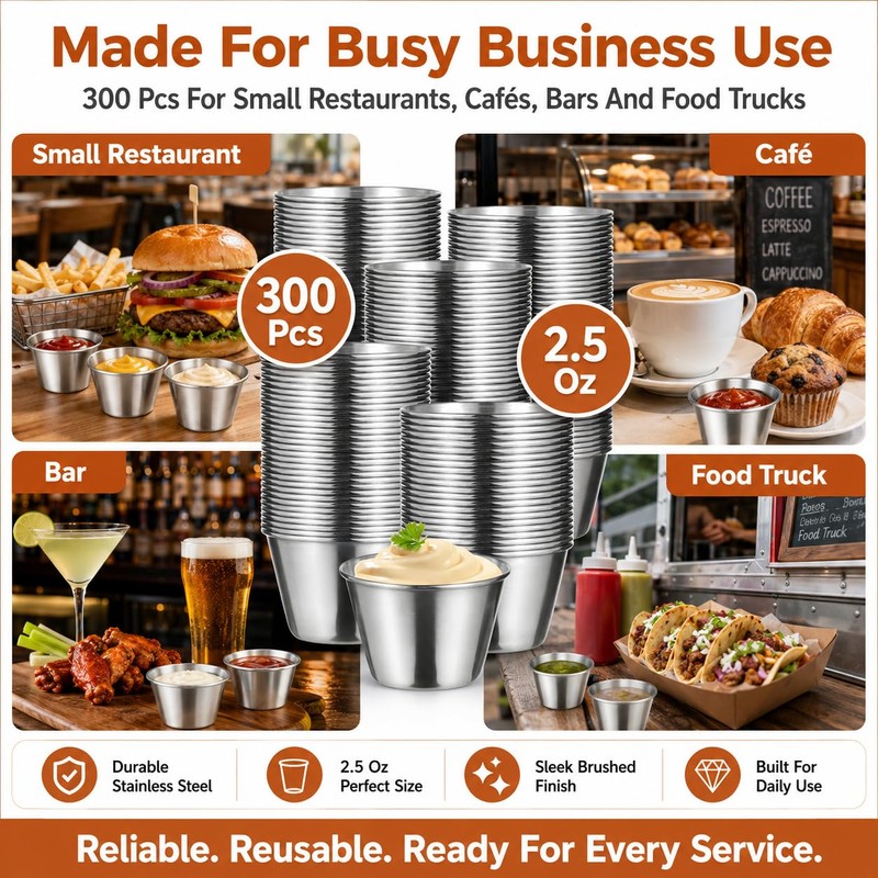 NIMBLOOM 300 Pack Stainless Steel Sauce Cups, 2.5 oz Stackable