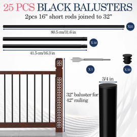 Vrisa 25 Pack Deck Balusters 32 Inches Metal Balusters for Stairs Interior Hollow Round Black Balusters for Deck Railing Kit 3/4" OD Deck Spindles for Indoor Outdoor Porch Patio Balusters