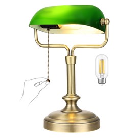 LOFOB Traditional Banker's Desk Lamp with Glass Shade,Pull Chain Switch, LED Bulb Included (Antique Bronze+Green)