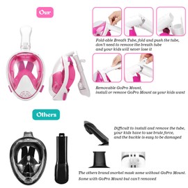 Oumers Newest Version Kids Full Face Snorkel Mask, 180Â° Panoramic View Snorkeling Mask Set with Safety Free-Breathing System, Detachable Camera Mount Anti-Fog Anti-Leak