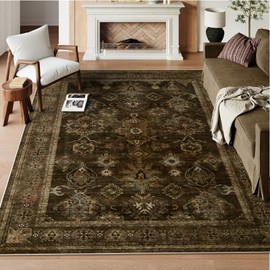 Morebes Vintage 8x10 Area Rugs for Living Room, Floral Washable Rug for Bedroom Non Slip, Traditional Distressed Mat Indoor Carpet for Office Dining Room Farmhouse, Brown/Multi