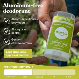 HUMBLE Humble Brands Desodorante en barra sin aluminio natural para mujeres y hombres, dura todo el día, seguro y certificado libre de crueldad, bergamota y jengibre, paquete de 1