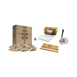 PINOFY Activated Carbon Filter Set | 200 Activated Carbon Tips Slim 6 mm + Papers | Roll & Long Papers Unbleached | Coconut Charcoal Pre-Rolled Active Filter | Brown Screw-In Filter Tips Extra