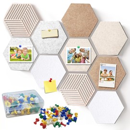 12'' Medium Hexagon Felt Cork Board Tiles Alternative, 10 Pcs Self-Adhesive Cork Bulletin Board Tiles with 50 Colorful Pushpins, Frameless Corkboard Sound Absorbing Pin Boards for Walls & Photos