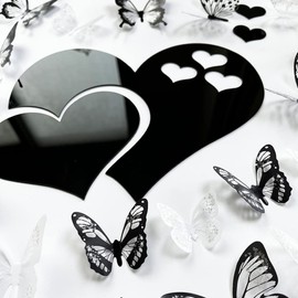 3D Crystal Butterfly and Acrylic Mirror Hearts Wall Stickers with Adhesive Art Decal Satin Paper Baby Kids Bedroom Home DIY Decor Removable Stickers (36 Butterfly and Black Heart)