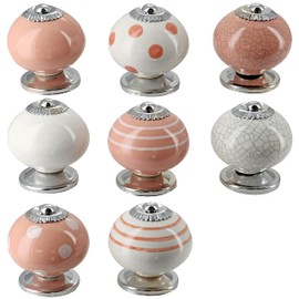G Decor Dark Pink and White Handmade Assorted Designs Ceramic Door Knobs, Vintage, Shabby Chic, Interior Furniture, Cabinet Cupboard Drawers Pulls Handles (8-Pack)