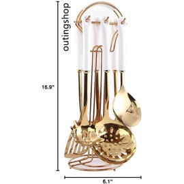 AQUAX Stainless Steel kitchenware seven Pieces Set (White Gold).Cooking Utensils 7 pcs Set with hanging shelf .Include Slotted Spoon, Slotted Spatula, Large Spoon, Soup Ladle, Spatula, Pasta spoon.