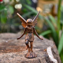 Sungmor Cast Iron Garden Angel Statue, Rustic Brown Playful Garden Fairy Figurines, Creative Angel Pixie Collection Home Office Desk Decor, Indoor Outdoor Fairy Garden Accent Ornament