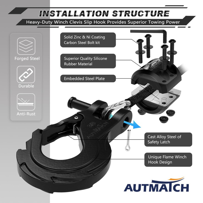 AUTMATCH Winch Hook 3/8" - Clevis Slip Hook with Safety