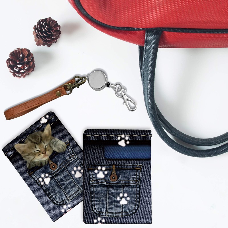 Pretimo Pass Case, Commuter Pass Case, with Reel, Cat Pattern,