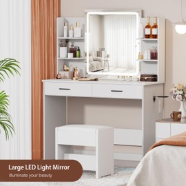 YIKEHOME Vanity Desk with Mirror and Lights, 3-Color Lights Adjustable Brightness, White Vanity Makeup Desk with Drawer & Charging Station, Large Dressing Table Make Up for Bedroom