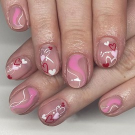 Valentines Press On Nails Oval Short Fake Nails Nude Pink False Nails With Heart Stripe Designs Valentines Nails Press Ons Heart Glue On Nails Short Full Cover Stick On Nails For Women