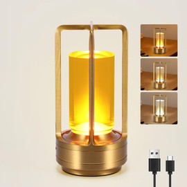 Bedside Lamp with Touch Control, Wireless LED Vintage Desk Lamp, Portable USB Charging, 3 Lighting Colours, Dimmable Table Lamp for Bedroom, Office, Living Room, Decoration, Gift (Gold)