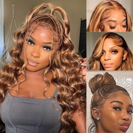 Highlight Body Wave 360 Lace Front Wigs Human Hair Pre Plucked Glueless HD Transparent Full 360 Lace Front Wigs Human Hair for Black Women Ombre Blonde P4/27 150% Density 360 Colored Wigs 26 Inch