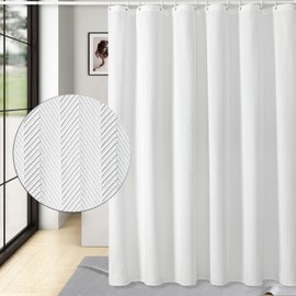 Gibelle White Shower Curtain, 3D Embossed Textured Herringbone Fabric Modern Farmhouse Bathroom Decor Soft Cloth Curtain Set with Hooks, 72x72