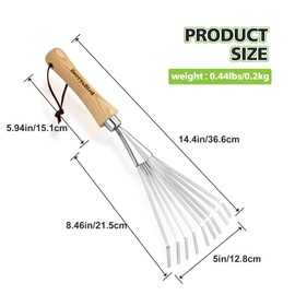 Berry&Bird Stainless Steel Hand Shrub Rakes, 9 Tines Fan Lawn Leaf Rake with Ergonomic Wooden Handle & Cowhide Lanyard, Small Gardening Grass Rake for Sweep Leaves and Debris Collection