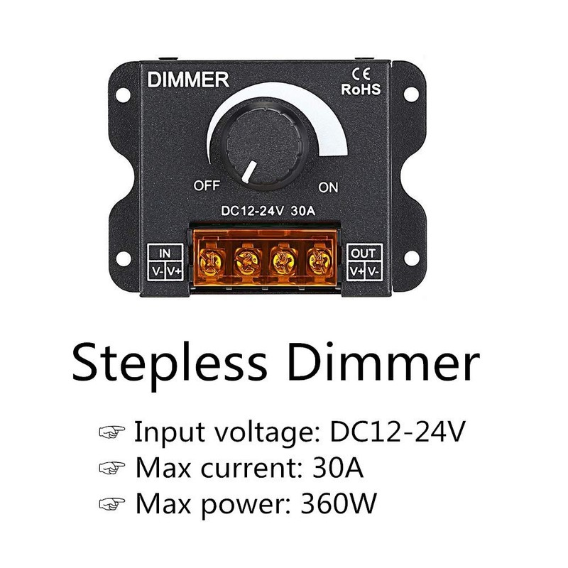 LED Light Strip Dimmer, DC 12V-24V 30A PWM Dimming Controller