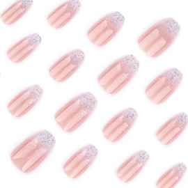 Silver Glitter Gradient Press on Nails Medium Square Glue on Nails Mirror Nude False Nails Artificial Acrylic Nails for Women Girls
