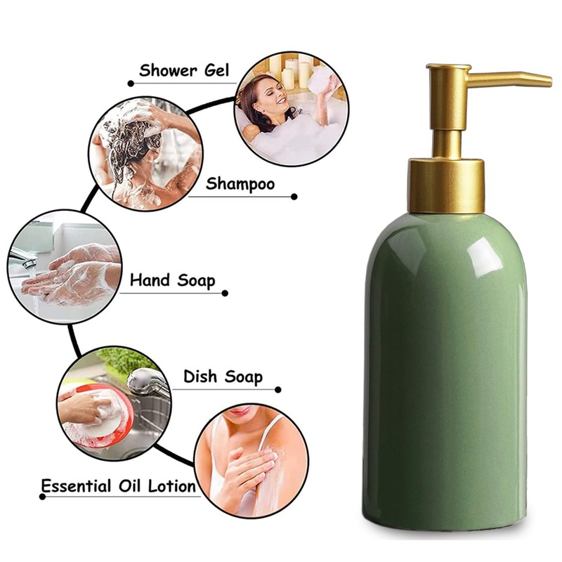 Soap Dispenser Bottle Ceramic with Gold Pump,Green and Gold Dish