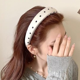 Vintage Satin Padded Headband Polka Dot Head Band Elegant Black White Polkadot Headband 1950s Vintage Fabric Hair Accessories for Short Curly Hair Decor Modern Polka Dot Outfits Headbands Non Slip