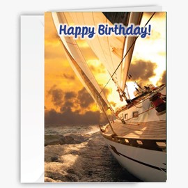Happy Birthday Sailboat Greeting Card – with sailboat & sunset - Adventure Sailing & Ocean - Nautical Themed for free spirits, travelers - Large 5x7 inch- Celebration- Cheerful, Fun Sentiment Inside - larger size 5x7 inch