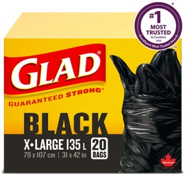 Glad Black Garbage Bags - Extra-Large 135 Litres - 20 Trash Bags, Made in Canada of Global Components