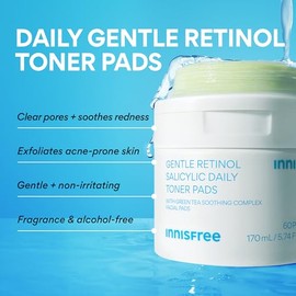 innisfree Daily Gentle Retinol Salicylic Toner Pads | Korean Sheet Mask Pads with Hyaluronic Acid, BHA, and Niacinamide for Acne-Prone Skin Care | 60 
