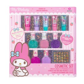 MAKEUPERIA Maquillaje Infantil My Melody para Niñas, Set de Cosméticos con 5 Brillos Labiales, 5 Esmaltes Desprendibles, Calcomanías para Uñas, Sabor Frutal, Ideal como Regalo Seguro y Lavable