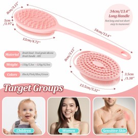 GEENOA Silicone Back & Body Scrubber Set 2PCS, 13.4'' Gentle Exfoliating Back Scrubber with Dual-Side Head and Non-Slip Handle, Hygienic Silicone Loofah with Soft Bristles and Massage Dots(Pink-2PC)