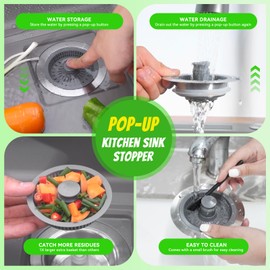 Oxanlare 3 in 1 Sink Strainer Stopper and Pop-up Kitchen Sink Drain Strainer, Stainless Steel Filter with Bigger Basket, Anti-Clogging Kitchen Sink Drain Stopper for US Standard 3-1/2 Inch Drain