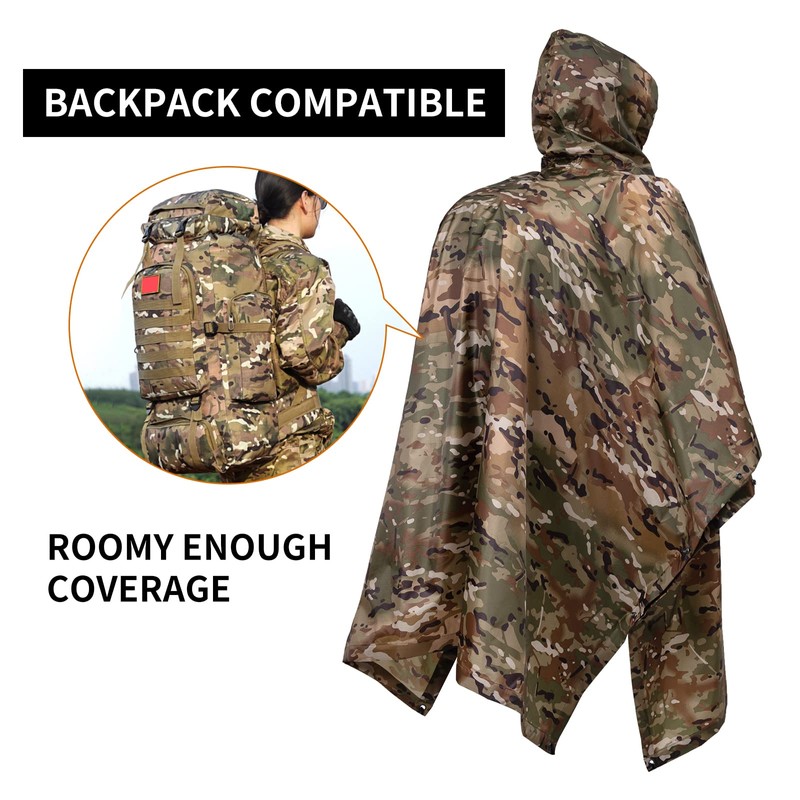 Fousam Rain Poncho, Military Tactical Poncho Camo Multi Use Waterproof,